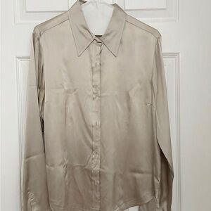 Elegant Silver Satin Button-Up Shirt